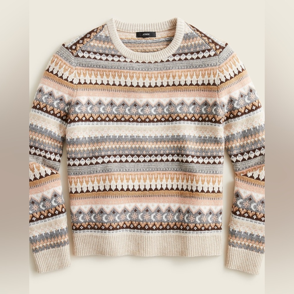 j crew fair isle cropped lambswool blend striped beige grey crewneck sweater
